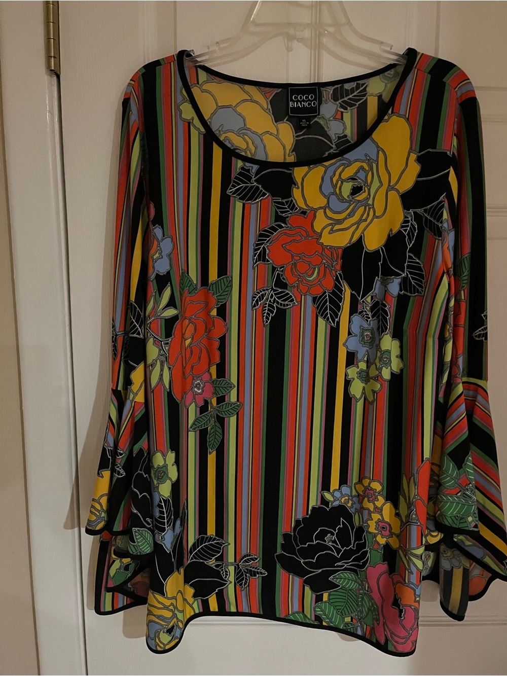 Coco Bianco Vibrant Striped Floral Scoop Neck Tunic
